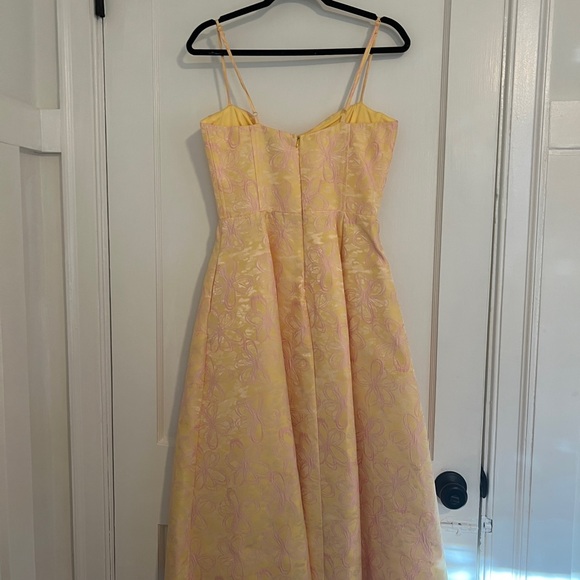 Lulus Meet for Tea Yellow Jacquard Bustier Midi Dress With Pockets - Picture 6 of 7